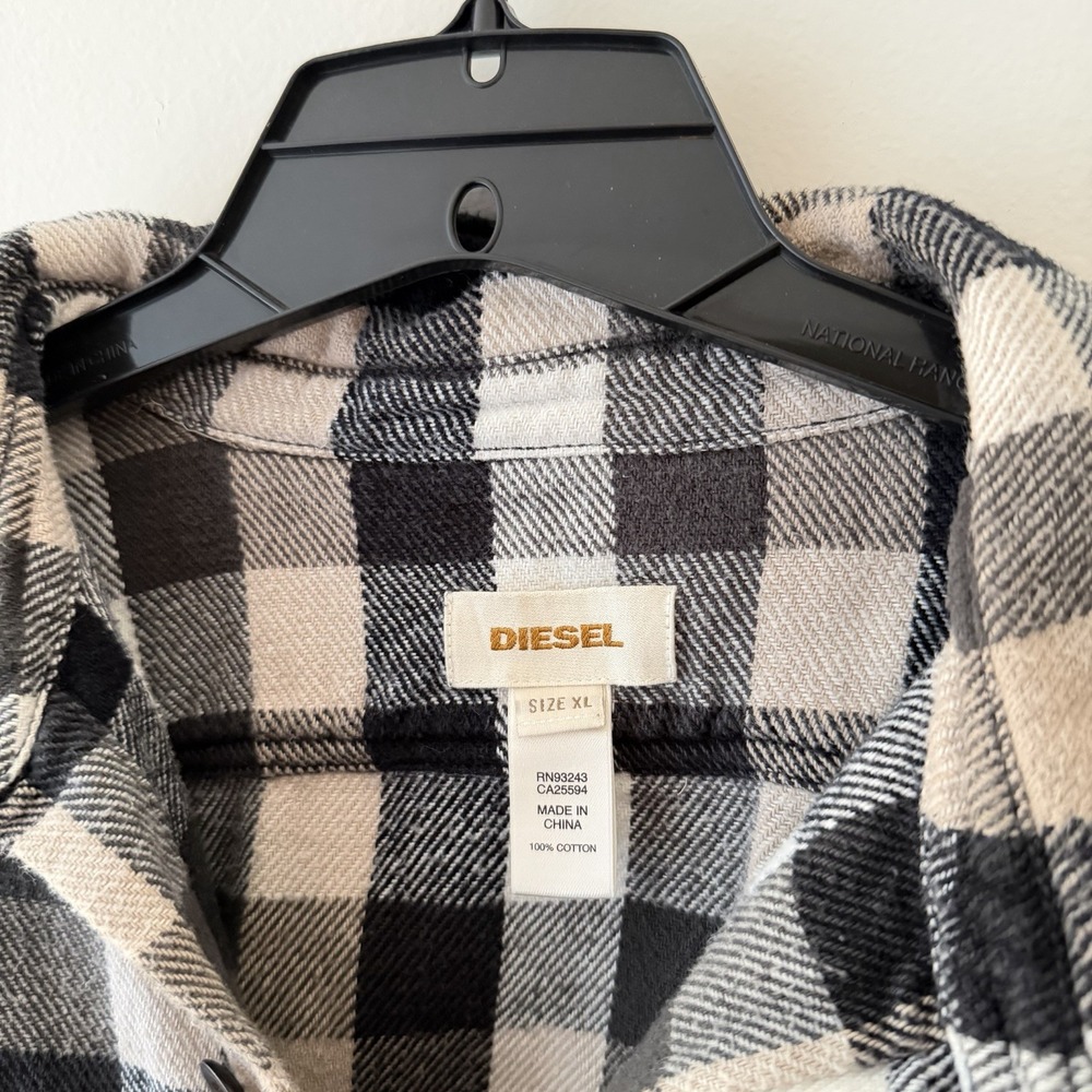 Y2K Diesel Plaid Flannel Overshirt Jacket Black Tan 100% Cotton XL Workwear - Picture 4 of 7
